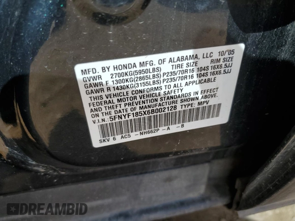 2006 Honda Pilot EX-L with VIN 5FNYF185X6B002128, listed as a Copart auction lot 52354315 with 226,585 mi miles and Non Repairable. Bid and sale history available at DreamBid. Image 13.