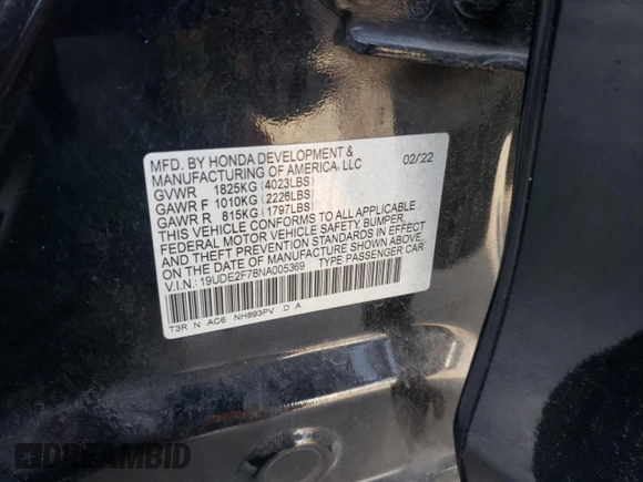 2022 Acura ILX Premium with VIN 19UDE2F78NA005369, listed as a Copart auction lot 42544085 with 78,789 mi miles and Salvage Title. Bid and sale history available at DreamBid. Image 14.