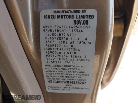 2001 Isuzu Rodeo S с VIN 4S2CK58W014326747, выставлен на аукционе IAAI как лот 41229950 с пробегом 190 277 миль миль и . История ставок и продаж доступна на DreamBid. Изображение 9.
