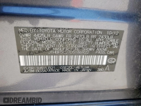 2013 Lexus IS 250 with VIN JTHBF5C27D5186922, listed as a Copart auction lot 56960025 with 226,351 mi miles and Salvage title. Bid and sale history available at DreamBid. Image 12.