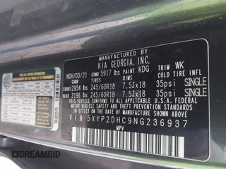2022 Kia Telluride LX with VIN 5XYP2DHC9NG236937, listed as a IAAI auction lot 41475675 with 87,086 mi miles and . Bid and sale history available at DreamBid. Image 9.