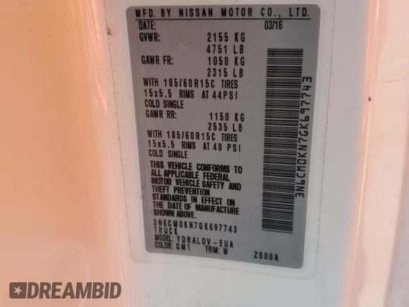 2016 Nissan NV200 S with VIN 3N6CM0KN7GK697743, listed as a Copart auction lot 59375205 with 253,300 mi miles and Salvage title. Bid and sale history available at DreamBid. Image 14.