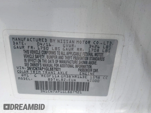 2016 Nissan Versa SV with VIN 3N1CN7AP1GL887921, listed as a IAAI auction lot 42002167 with 65,470 mi miles. Bid and sale history available at carsss.com. Image 9.