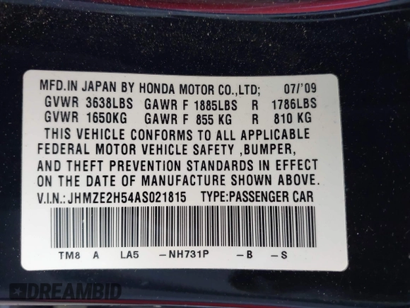 2010 Honda Insight LX with VIN JHMZE2H54AS021815, listed as a IAAI auction lot 42259951 with 137,436 mi miles and . Bid and sale history available at DreamBid. Image 9.