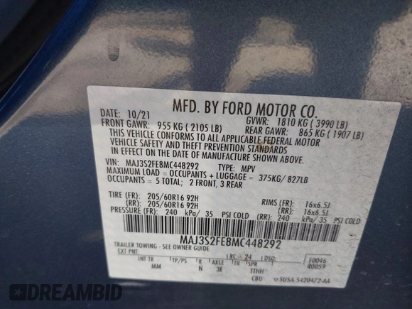 2021 Ford EcoSport S with VIN MAJ3S2FE8MC448292, listed as a IAAI auction lot 42053334 with 47,418 mi miles and . Bid and sale history available at DreamBid. Image 9.