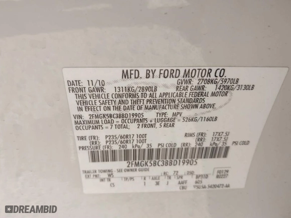 2011 Ford Flex SE with VIN 2FMGK5BC3BBD19905, listed as a IAAI auction lot 41319212 with 273,601 mi miles. Bid and sale history available at carsss.com. Image 9.