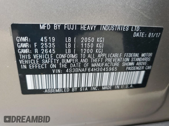 2017 Subaru Legacy Premium with VIN 4S3BNAF64H3045965, listed as a Copart auction lot 59691605 with 112,835 mi miles and Salvage title. Bid and sale history available at DreamBid. Image 12.