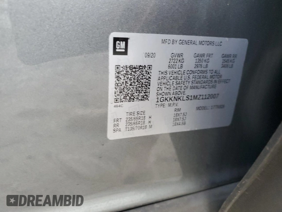 2021 GMC Acadia SLE with VIN 1GKKNKLS1MZ112007, listed as a Copart auction lot 85857394 with 56,585 mi miles and Salvage Title. Bid and sale history available at DreamBid. Image 14.