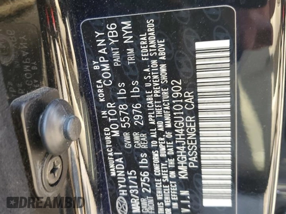 2016 Hyundai Equus Signature with VIN KMHGH4JH4GU101902, listed as a Copart auction lot 61669105 with 115,481 mi miles and Salvage title. Bid and sale history available at DreamBid. Image 13.
