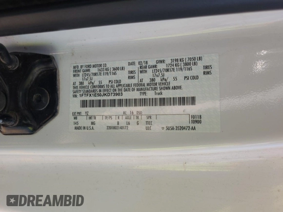 2018 Ford F-150 XL with VIN 1FTFX1E50JKD73903, listed as a IAAI auction lot 42663576 with 178,136 mi miles and . Bid and sale history available at DreamBid. Image 2.