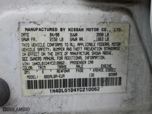 2000 Nissan Altima XE with VIN 1N4DL01D4YC210062, listed as a Copart auction lot 45539475 with 230,757 mi miles and Salvage Title. Bid and sale history available at carsss.com. Image 13.