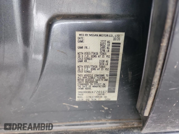 2020 Nissan Frontier SV with VIN 1N6ED0EB6LN720167, listed as a Copart auction lot 58156655 with 53,004 mi miles and Salvage title. Bid and sale history available at DreamBid. Image 12.