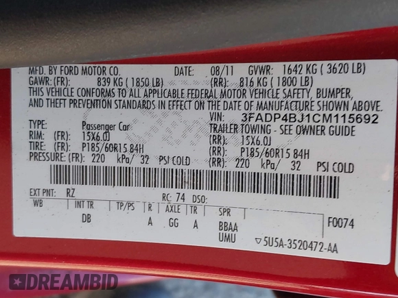 2012 Ford Fiesta SE with VIN 3FADP4BJ1CM115692, listed as a IAAI auction lot 42206208 with 108,996 mi miles and . Bid and sale history available at DreamBid. Image 9.