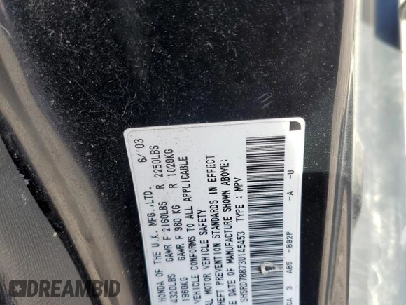 2003 Honda CR-V EX with VIN SHSRD78873U145453, listed as a Copart auction lot 54498455 with 196,176 mi miles and Salvage Title. Bid and sale history available at carsss.com. Image 14.