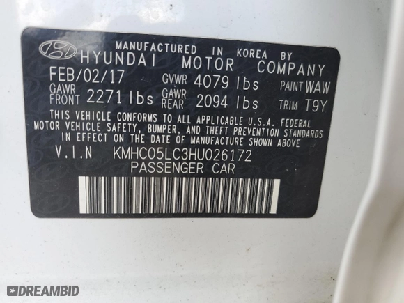 2017 Hyundai Ioniq Hybrid Limited with VIN KMHC05LC3HU026172, listed as a Copart auction lot 69344704 with NaN miles and Clean Title. Bid and sale history available at carsss.com. Image 12.