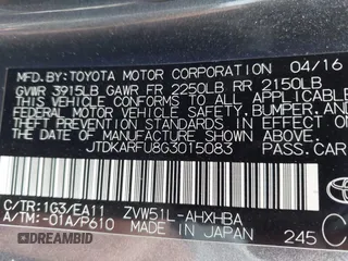 2016 Toyota Prius Four with VIN JTDKARFU8G3015083, listed as a IAAI auction lot 42191765 with 168,820 mi miles and . Bid and sale history available at DreamBid. Image 9.