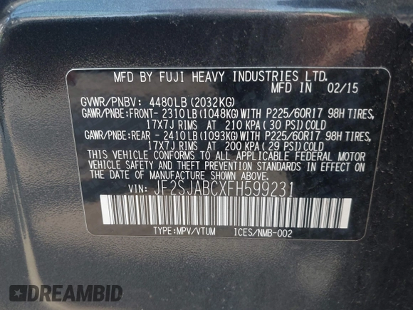 2015 Subaru Forester 2.5i with VIN JF2SJABCXFH599231, listed as a IAAI auction lot 42166220 with 60,409 mi miles and . Bid and sale history available at DreamBid. Image 9.
