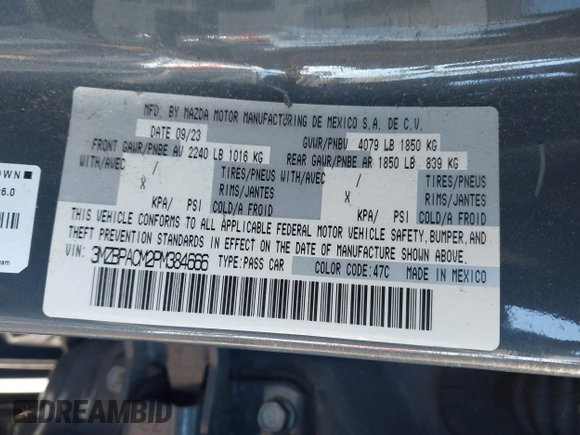 2023 Mazda 3 S Preferred with VIN 3MZBPACM2PM384666, listed as a IAAI auction lot 41482271 with 37,746 mi miles and . Bid and sale history available at DreamBid. Image 9.