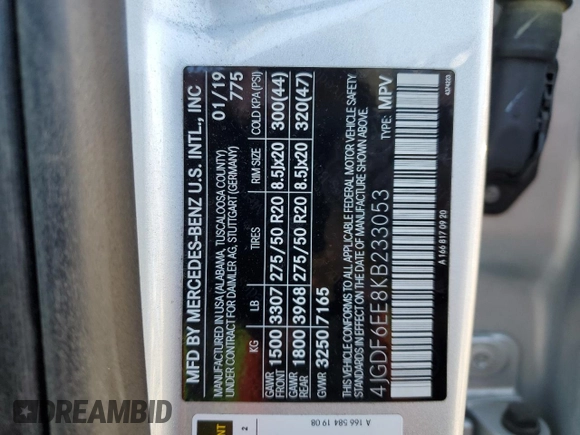 2019 Mercedes-Benz GLS 450 with VIN 4JGDF6EE8KB233053, listed as a Copart auction lot 49957755 with 68,676 mi miles and Salvage title. Bid and sale history available at DreamBid. Image 15.