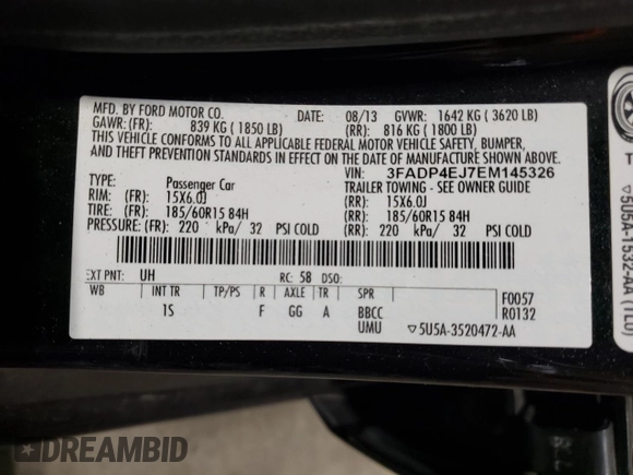 2014 Ford Fiesta SE z VIN 3FADP4EJ7EM145326, wystawiony jako Copart lot #62030855 z przebiegiem 83 625 mil mil oraz Czysty tytuł • Clean title. Historia ofert i sprzedaży dostępna na DreamBid. Obrazek 12.
