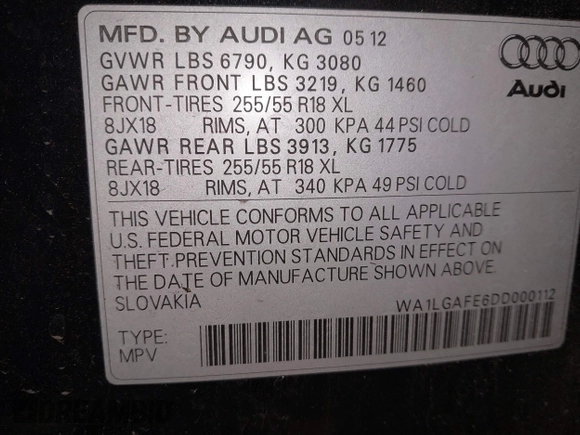 2013 Audi Q7 3.0T Premium Plus with VIN WA1LGAFE6DD000112, listed as a IAAI auction lot 41229774 with 149,122 mi miles. Bid and sale history available at carsss.com. Image 9.