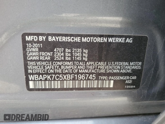 2011 BMW 3 Series 328i xDrive with VIN WBAPK7C5XBF196745, listed as a Copart auction lot 51811985 with 0 mi miles and Salvage Title. Bid and sale history available at carsss.com. Image 12.