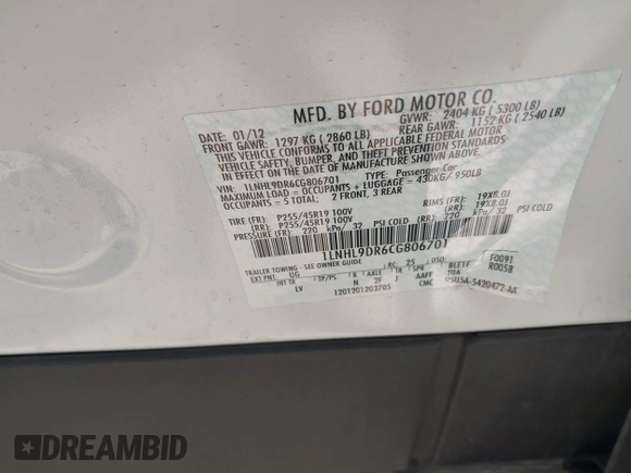 2012 Lincoln MKS with VIN 1LNHL9DR6CG806701, listed as a IAAI auction lot 42085663 with 52,271 mi miles and . Bid and sale history available at DreamBid. Image 9.