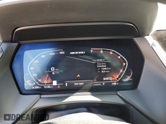 2020 BMW 2 Series M235i xDrive with VIN WBA13AL05L7F72397, listed as a Copart auction lot 43354335 with 53,105 mi miles and Salvage Title. Bid and sale history available at carsss.com. Image 9.