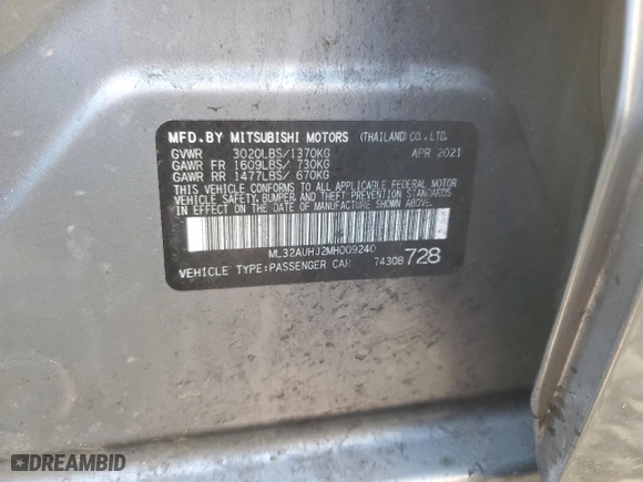 2021 Mitsubishi Mirage ES with VIN ML32AUHJ2MH009240, listed as a Copart auction lot 48158875 with 71,541 mi miles and Salvage Title. Bid and sale history available at carsss.com. Image 12.