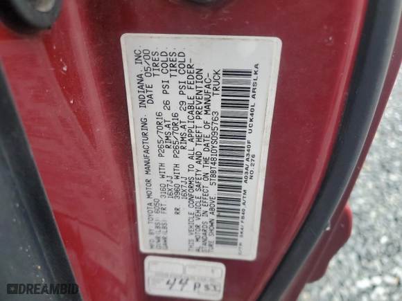 2000 Toyota Tundra Limited with VIN 5TBBT4810YS095763, listed as a Copart auction lot 41814025 with 0 mi miles and Salvage Title. Bid and sale history available at carsss.com. Image 12.