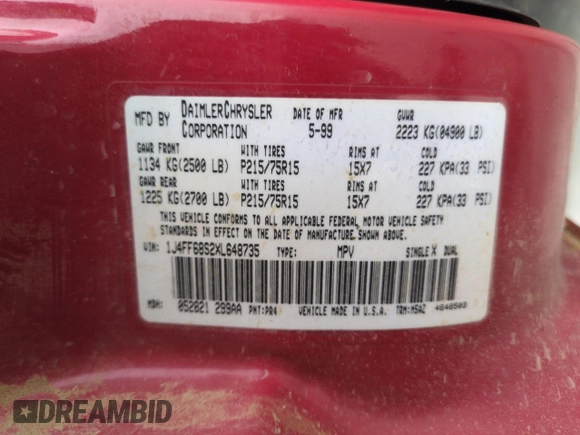 1999 Jeep Cherokee Sport with VIN 1J4FF68S2XL648735, listed as a Copart auction lot 58758115 with 252,248 mi miles and Salvage title. Bid and sale history available at DreamBid. Image 13.
