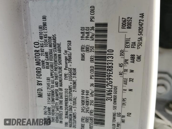 2014 Lincoln MKZ с VIN 3LN6L2G99ER831310, выставлен на аукционе Copart как лот 48577655 с пробегом 172 148 миль миль и Списание • Salvage title. История ставок и продаж доступна на DreamBid. Изображение 12.