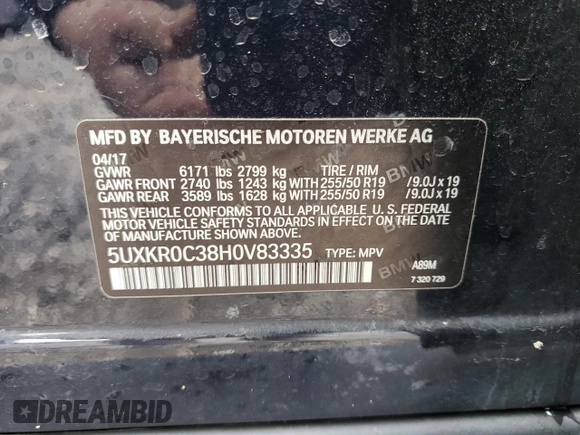 2017 BMW X5 xDrive35i with VIN 5UXKR0C38H0V83335, listed as a Copart auction lot 50345745 with 110,897 mi miles and Salvage Title. Bid and sale history available at carsss.com. Image 14.