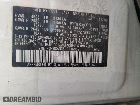 2017 Subaru Outback Limited z VIN 4S4BSANC5H3316902, wystawiony jako Copart lot #59086815 z przebiegiem 98 429 mil mil oraz Szkoda całkowita • Salvage title. Historia ofert i sprzedaży dostępna na DreamBid. Obrazek 12.