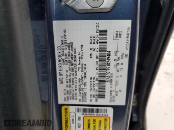 2018 Ford Fusion SE with VIN 3FA6P0T97JR249404, listed as a Copart auction lot 46704705 with 119,494 mi miles and Salvage Title. Bid and sale history available at carsss.com. Image 12.