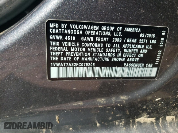2015 Volkswagen Passat Limited Edition with VIN 1VWAT7A32FC079205, listed as a Copart auction lot 61529005 with 104,355 mi miles and Salvage title. Bid and sale history available at DreamBid. Image 12.
