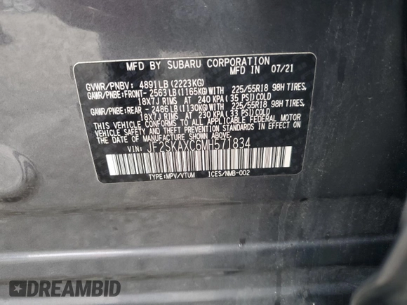 2021 Subaru Forester Touring with VIN JF2SKAXC6MH571834, listed as a Copart auction lot 61238315 with Not provided miles and Salvage title. Bid and sale history available at DreamBid. Image 13.