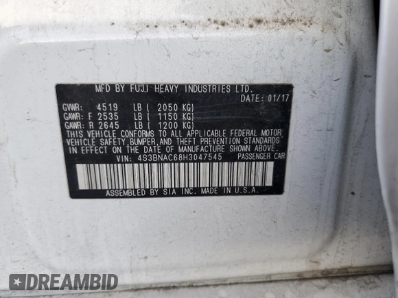 2017 Subaru Legacy Premium with VIN 4S3BNAC68H3047545, listed as a Copart auction lot 69688752 with 121,570 mi miles. Bid and sale history available at carsss.com. Image 12.