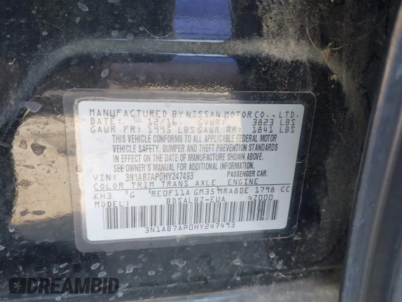 2017 Nissan Sentra SV z VIN 3N1AB7AP0HY247493, wystawiony jako IAAI lot #41871708 z przebiegiem 76 872 mil mil oraz . Historia ofert i sprzedaży dostępna na DreamBid. Obrazek 9.