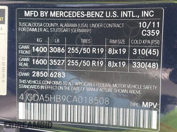 2012 Mercedes-Benz M 350 with VIN 4JGDA5HB9CA018508, listed as a IAAI auction lot 42149549 with 103,648 mi miles and . Bid and sale history available at DreamBid. Image 9.