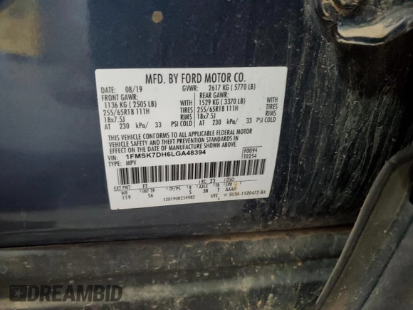 2020 Ford Explorer XLT with VIN 1FMSK7DH6LGA48394, listed as a Copart auction lot 50822015 with 102,575 mi miles and Salvage Title. Bid and sale history available at carsss.com. Image 14.