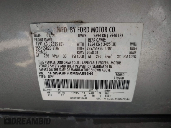 2021 Ford Explorer Limited with VIN 1FMSK8FHXMGA88644, listed as a IAAI auction lot 41833022 with 123,054 mi miles. Bid and sale history available at carsss.com. Image 9.