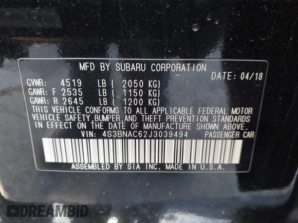 2018 Subaru Legacy Premium with VIN 4S3BNAC62J3039494, listed as a IAAI auction lot 41956327 with 90,705 mi miles. Bid and sale history available at carsss.com. Image 9.