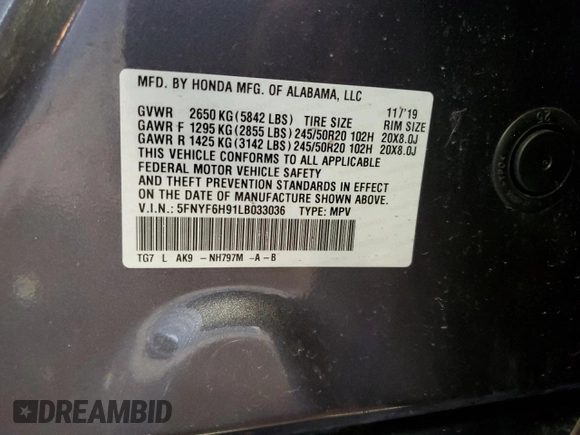 2020 Honda Pilot Touring 8-Passenger with VIN 5FNYF6H91LB033036, listed as a Copart auction lot 48685195 with 97,102 mi miles and Salvage Title. Bid and sale history available at DreamBid. Image 13.