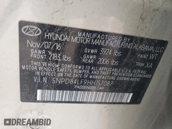 2017 Hyundai Elantra Limited с VIN 5NPD84LF9HH157087, выставлен на аукционе Copart как лот 54763065 с пробегом 68 214 миль миль и Чистый • Clean title. История ставок и продаж доступна на DreamBid. Изображение 12.