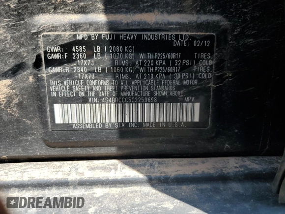 2012 Subaru Outback Prem with VIN 4S4BRCCC5C3259698, listed as a Copart auction lot 58598905 with 186,123 mi miles and Non repairable. Bid and sale history available at DreamBid. Image 13.
