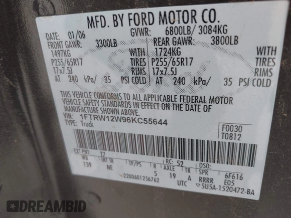 2006 Ford F-150 XLT with VIN 1FTRW12W96KC55644, listed as a IAAI auction lot 42337181 with 190,069 mi miles and . Bid and sale history available at DreamBid. Image 9.