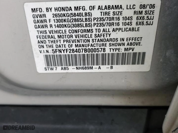 2007 Honda Pilot EX with VIN 5FNYF28407B000578, listed as a Copart auction lot 49530755 with 234,447 mi miles and Clean Title. Bid and sale history available at carsss.com. Image 13.