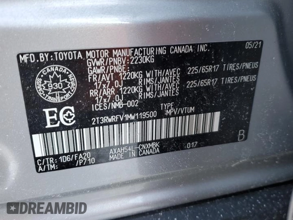 2021 Toyota RAV4 Hybrid XLE with VIN 2T3RWRFV1MW119500, listed as a Copart auction lot 45502855 with 65,031 mi miles and Salvage Title. Bid and sale history available at carsss.com. Image 13.