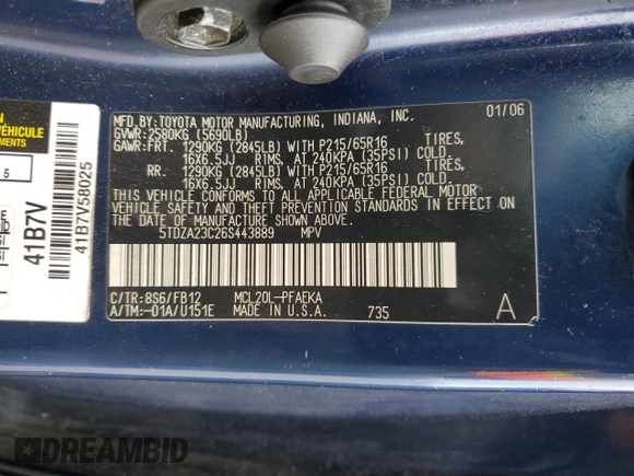 2006 Toyota Sienna CE with VIN 5TDZA23C26S443889, listed as a Copart auction lot 55943185 with 266,789 mi miles and Salvage Title. Bid and sale history available at DreamBid. Image 13.